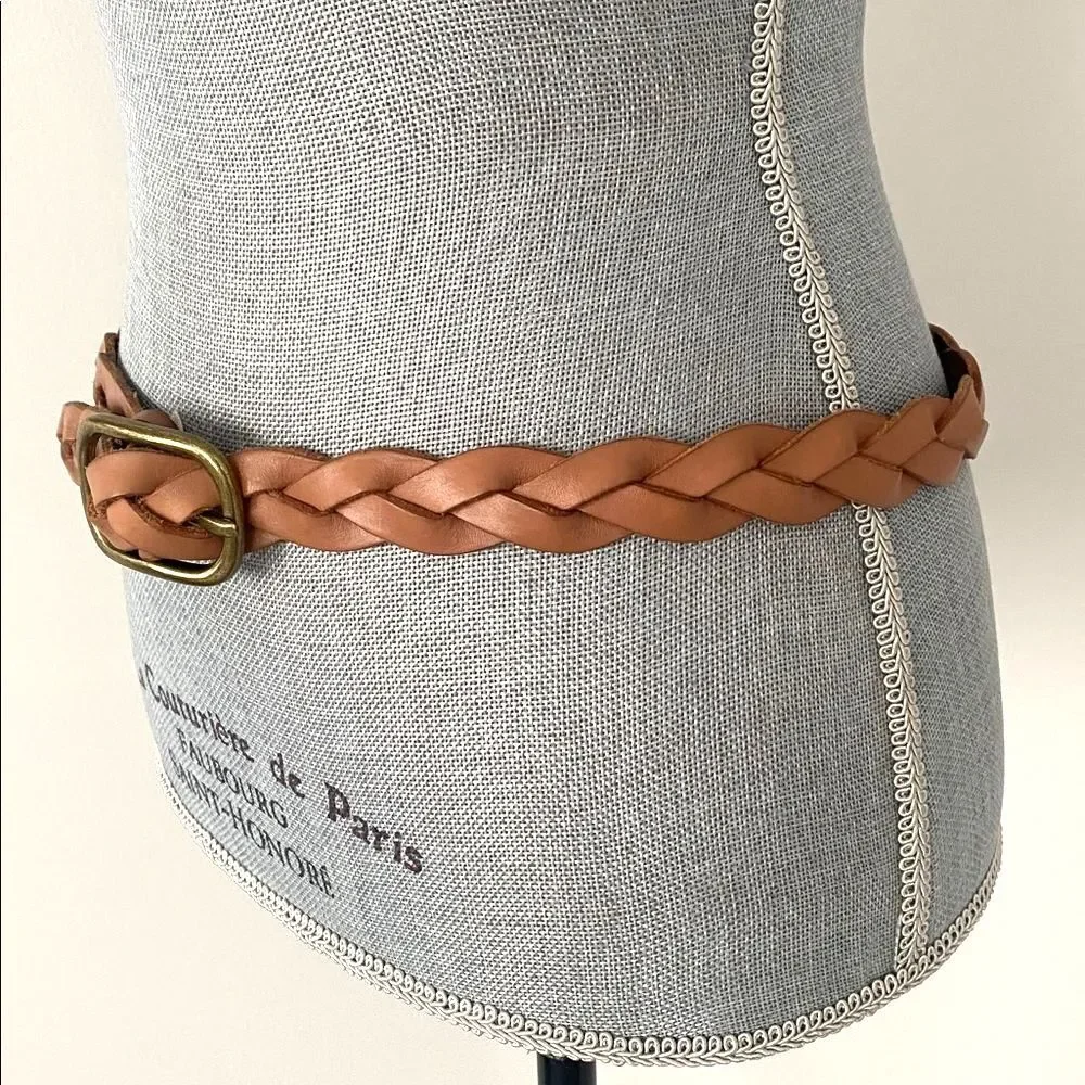 GAP Braided Tan Leather Belt Antique Brass Buckle OS Boho Western Cottage Beach